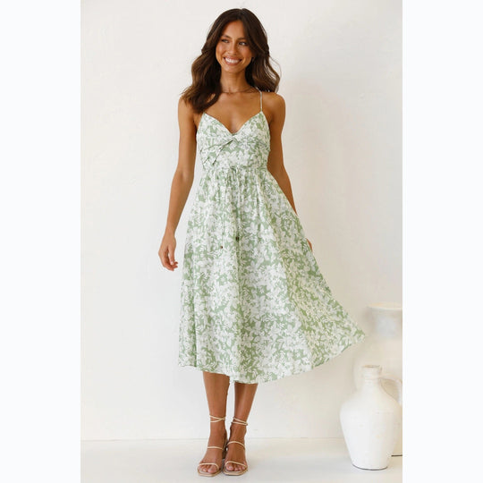 Damen Midikleid mit Floralem Muster und Verstellbaren Spaghettiträgern EB