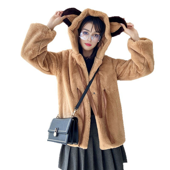 Damen Kuschelige Kunstpelzjacke mit Kapuze und Schleifendetails EB
