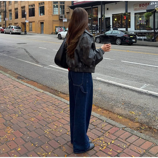 Damen lässige Kunstlederjacke mit voluminösen Ärmeln EB