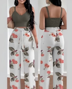 Damen Zweiteiliges Set aus floralem Oberteil und weiten Hosen EB