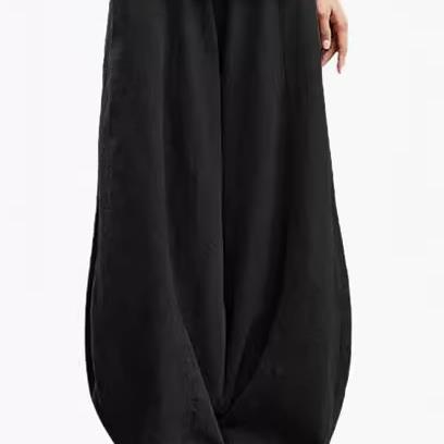 Damen weite Leinenhose mit elastischem Bund und praktischen Taschen EB