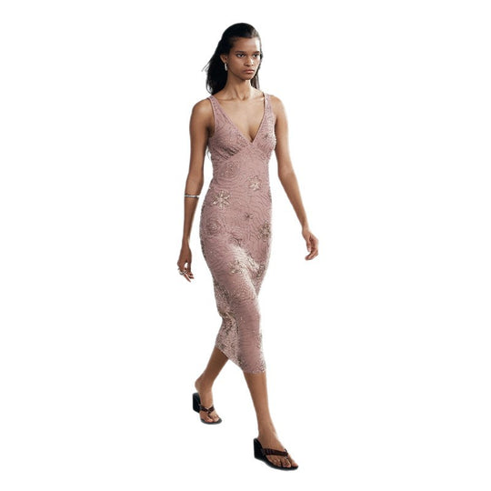 Damen Elegantes Glitzer-Maxikleid mit V-Ausschnitt und floralen Applikationen EB
