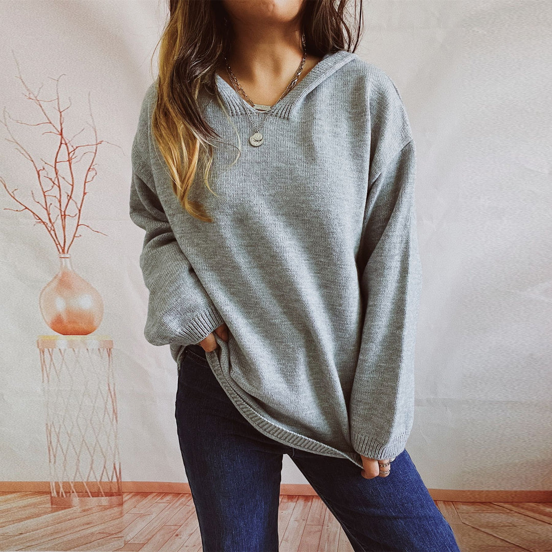 Damen lässiger Strickpullover mit Kapuze und weiten Ärmeln EB
