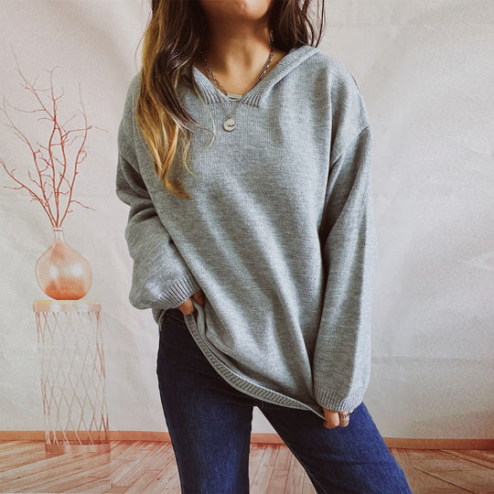 Damen lässiger Strickpullover mit Kapuze und weiten Ärmeln EB