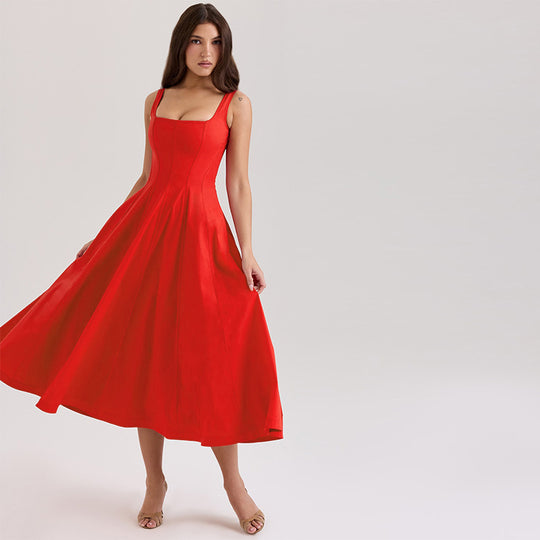 Damen elegantes Maxikleid mit quadratischem Ausschnitt und fließendem Rock EB