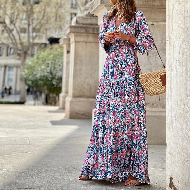 Damen Maxikleid mit floralen Mustern und voluminösen Ärmeln EB