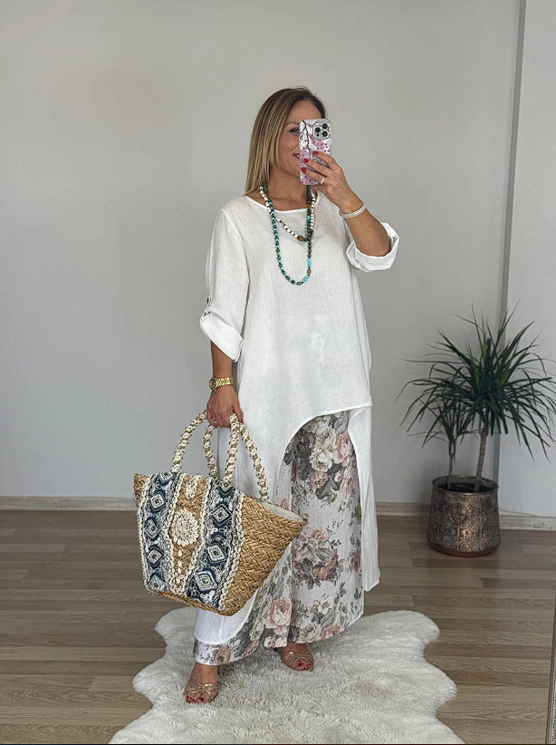 Damen Relaxed Fit Leinen Tunika Top EB