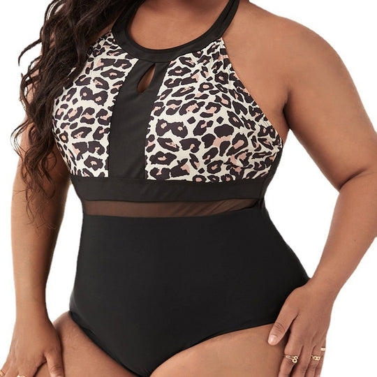 Damen Einteiler Badeanzug mit aufregendem Leopardenmuster und transparenten Einsätzen EB