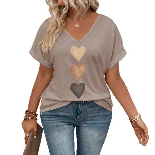 Damen lässiges V-Ausschnitt T-Shirt mit Herz-Zierdruck EB