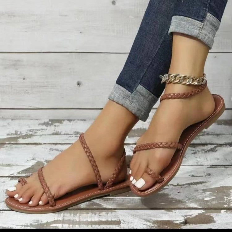 Damen flache Riemchensandalen mit geflochtenem Design und komfortablem Fußbett EB