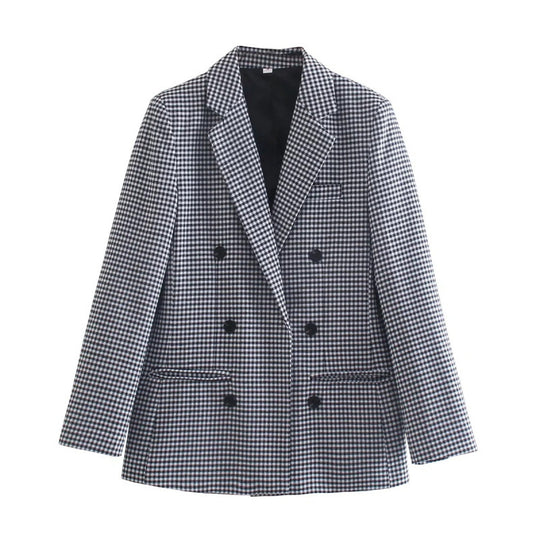 Damen kariertes Blazerjacke mit doppelter Knopfreihe und idealem Schnitt EB