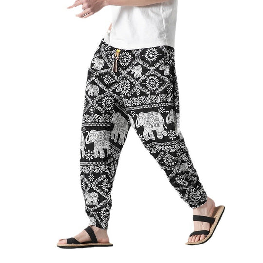 Unisex nan lässige Boho-Haremshose mit Elefantenmuster, elastischem Bund und Bündchen EB