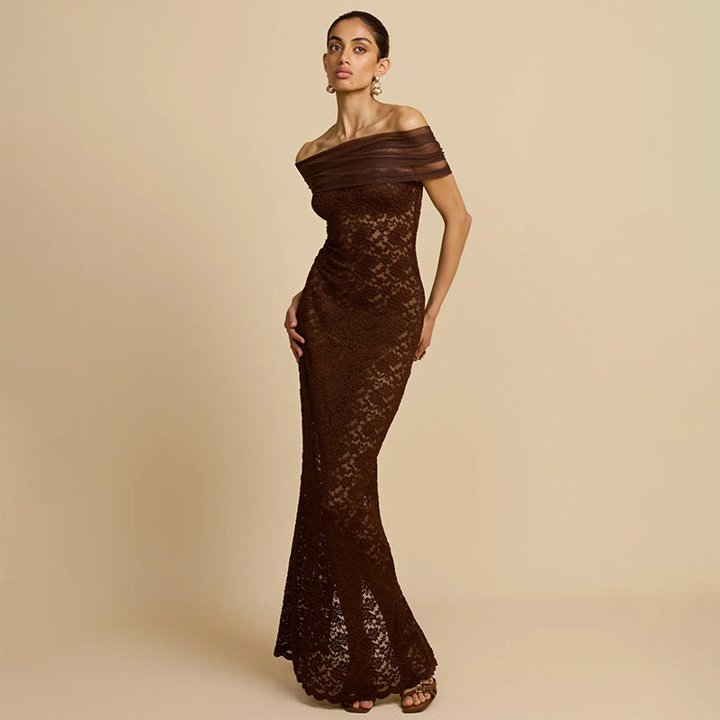 Damen Spitzen-Maxikleid mit schulterfreiem Design und elegantem Drapierungseffekt EB