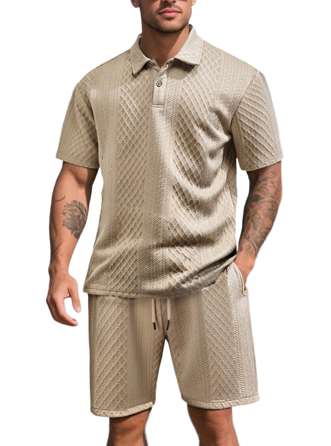 Herren nan dreidimensionales Relief-Freizeit-Set mit Polokragen, verdeckter Knopfleiste und elastischer Tunnelzugshorts EB