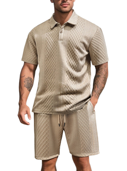 Herren nan dreidimensionales Relief-Freizeit-Set mit Polokragen, verdeckter Knopfleiste und elastischer Tunnelzugshorts EB