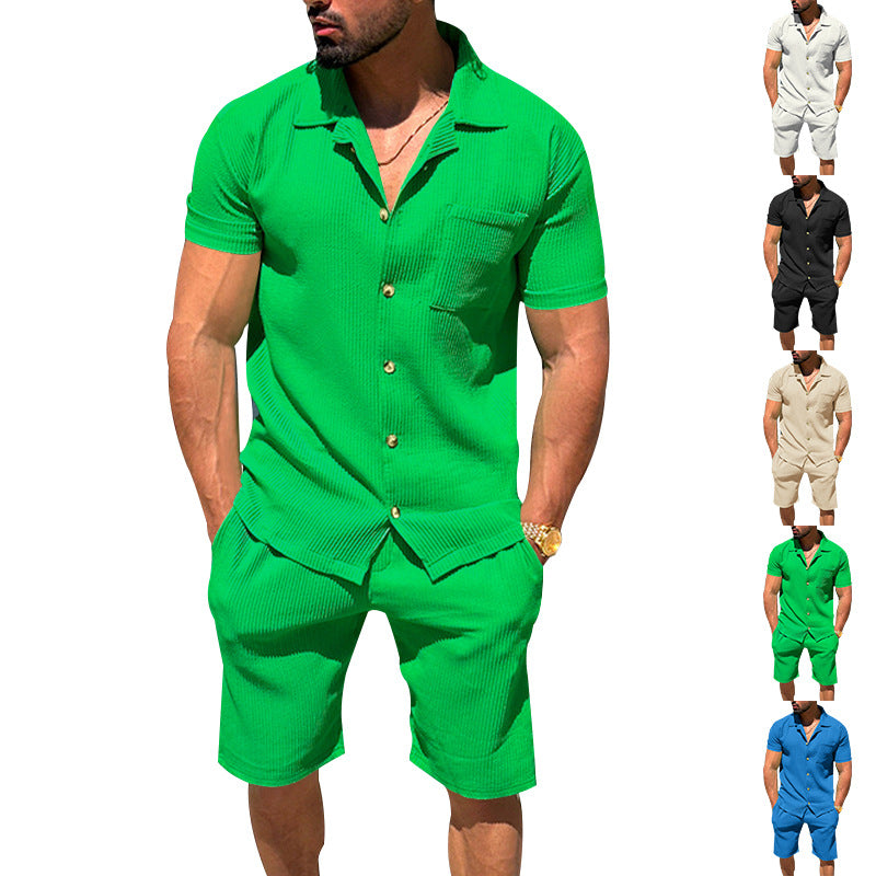 Herren nan lässiges zweiteiliges Freizeitset aus geripptem Jersey mit Hemdkragen Knopfleiste und Shorts EB