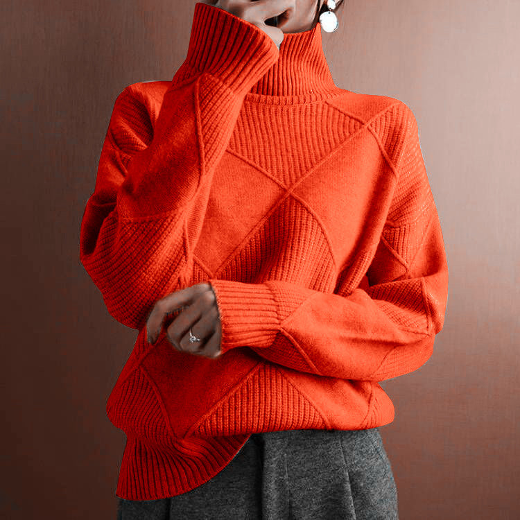 Damen nan weit geschnittener Strickpullover mit hohem Rollkragen und Rautenmuster EB