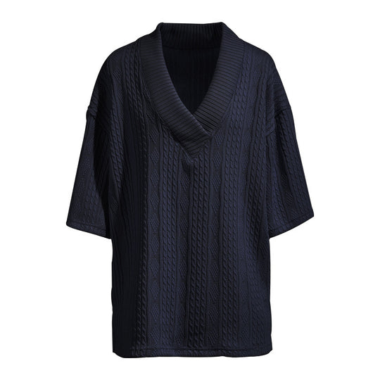 Damen Oversized Kurzarm-Strickpullover mit tiefem V‑Ausschnitt und Zopfmuster EB