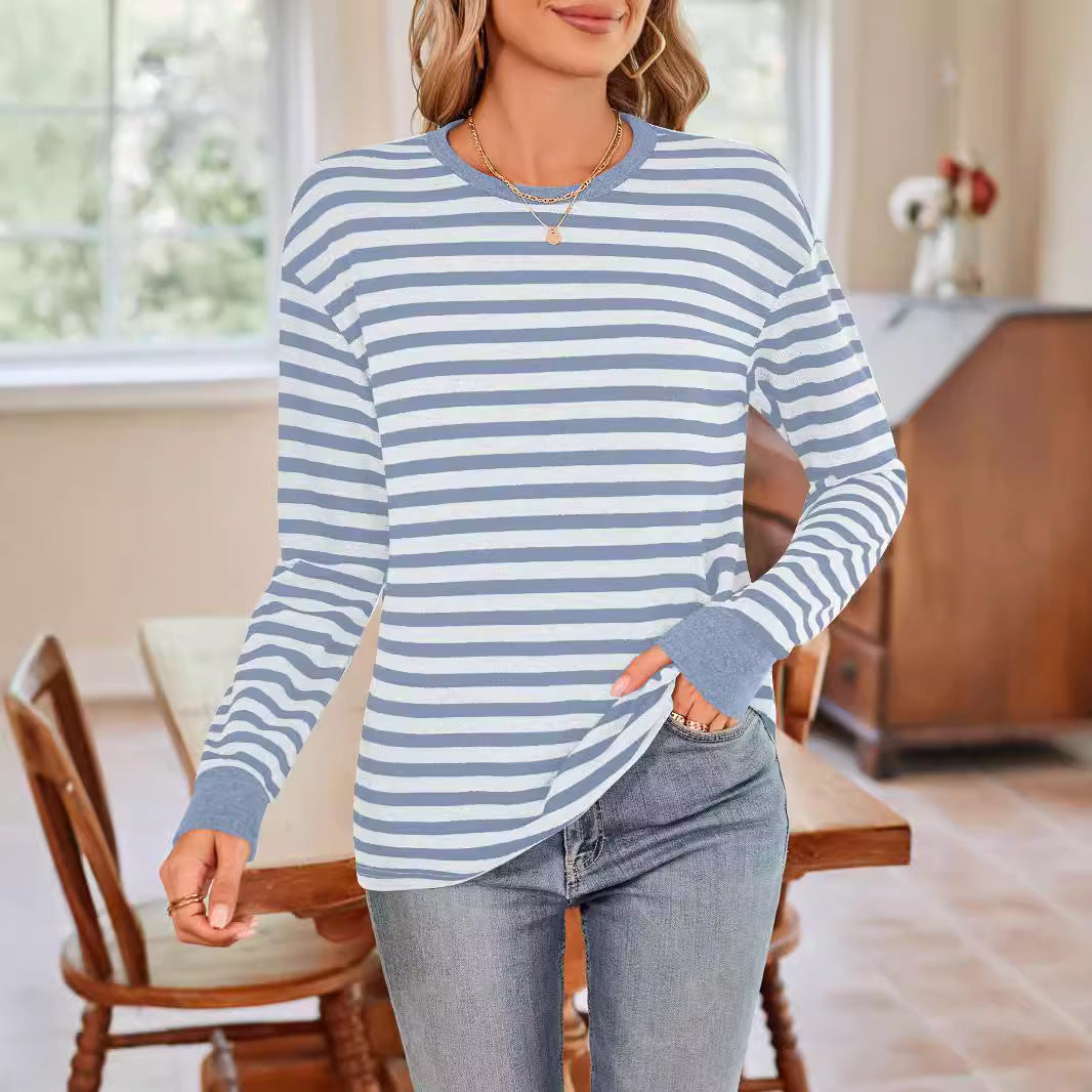Damen bequemes Langarmshirt mit gestreiftem Design und Rundhalsausschnitt EB