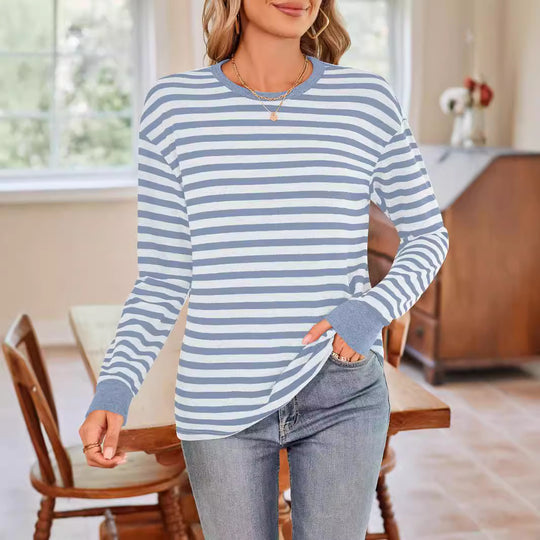 Damen bequemes Langarmshirt mit gestreiftem Design und Rundhalsausschnitt EB