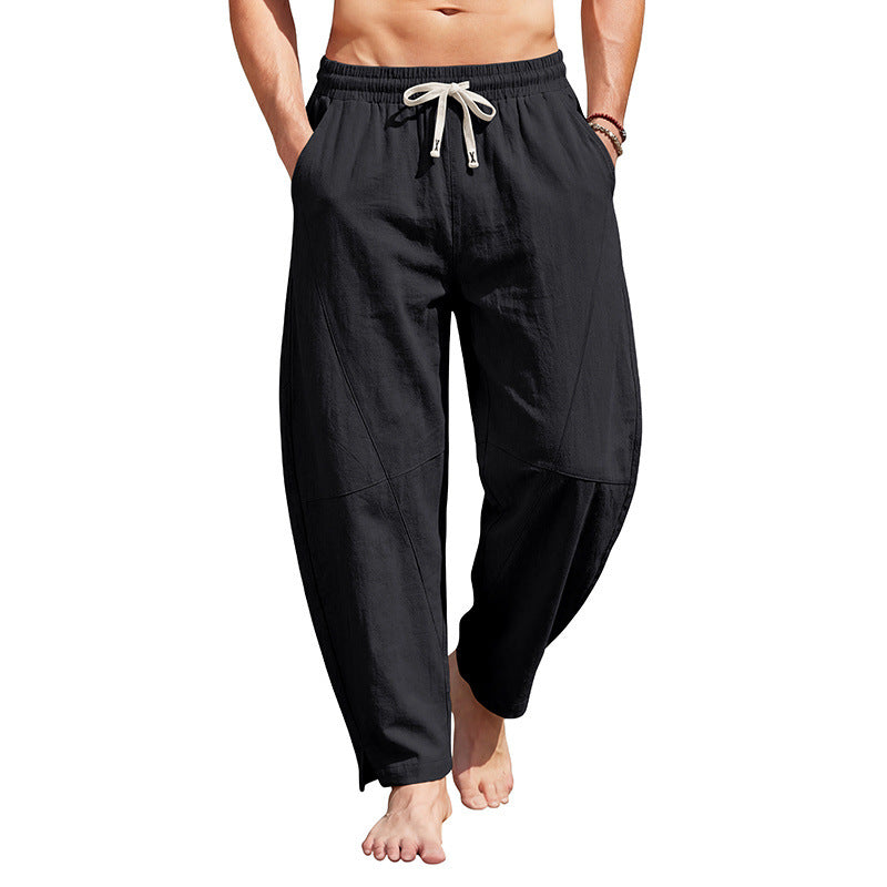 Herren knöchellange Freizeithose aus Leinenmix mit elastischem Kordelbund und seitlichen Schlitzen EB