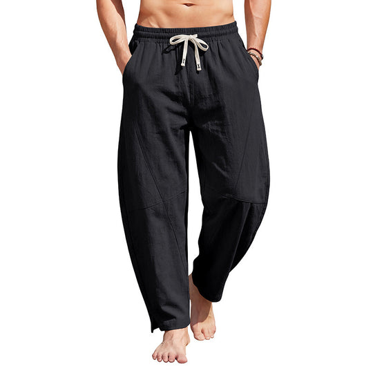 Herren knöchellange Freizeithose aus Leinenmix mit elastischem Kordelbund und seitlichen Schlitzen EB