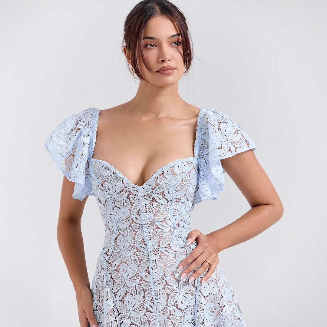 Damen Spitzenkleid mit voluminösen Rüschärmeln und ausgestelltem Rock EB