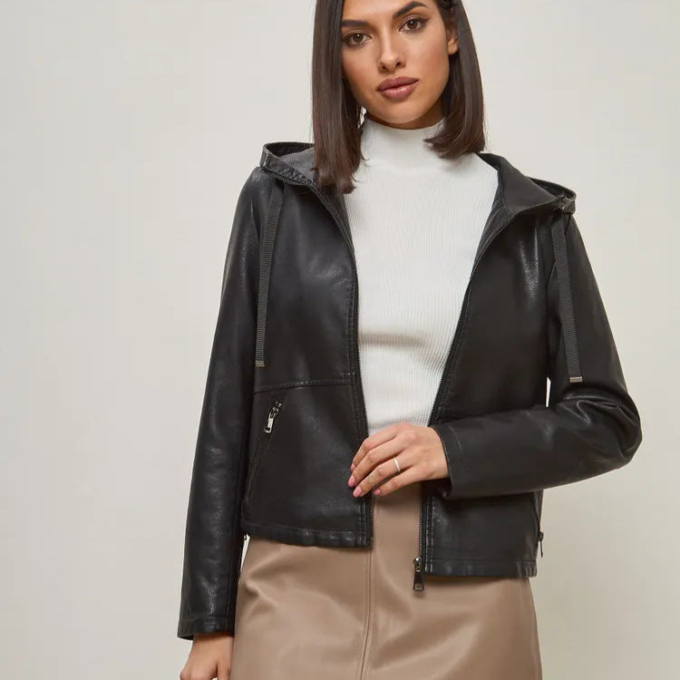 Damen modische Kunstlederjacke mit Kapuze und Reißverschlusstaschen EB