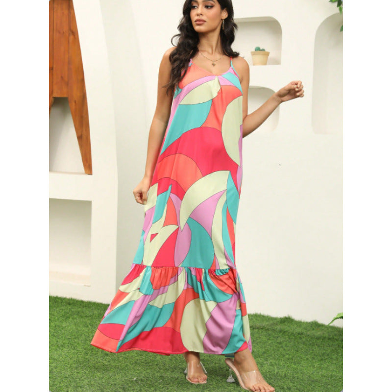 Damen Maxikleid mit farbenfrohem Mustermix und voluminösem Rock EB
