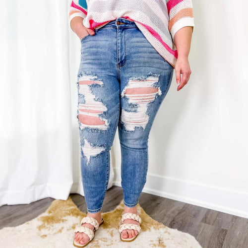 Damen Skinny Jeans mit modischem destroyed Look und elastischem Bund EB
