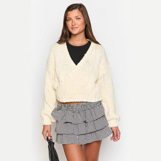 Damen kuscheliger Strickpullover mit modernem Wickeldesign EB