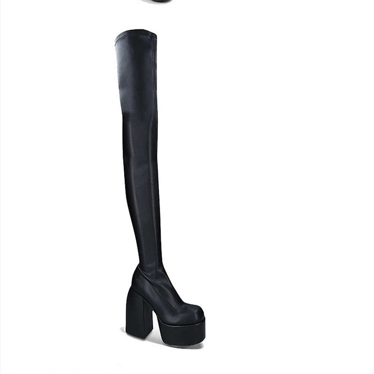 Damen Überknee-Stiefel mit klobigem Blockabsatz und elastischem Obermaterial EB