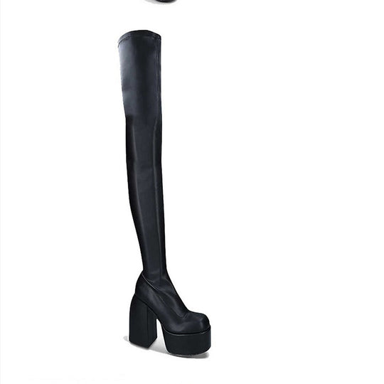 Damen Überknee-Stiefel mit klobigem Blockabsatz und elastischem Obermaterial EB