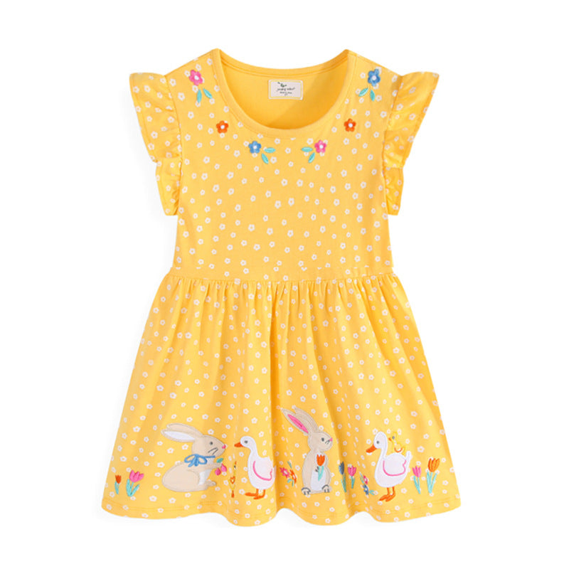 Mädchen Baumwollkleid mit niedlichem Tier- und Blumenmotiv EB
