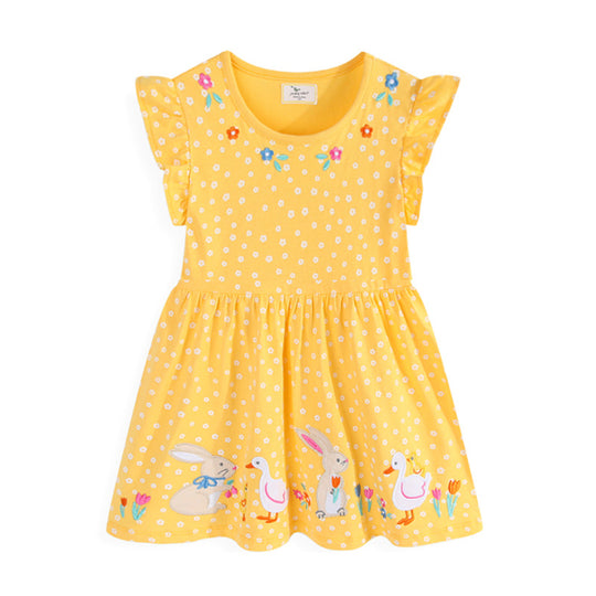 Mädchen Baumwollkleid mit niedlichem Tier- und Blumenmotiv EB