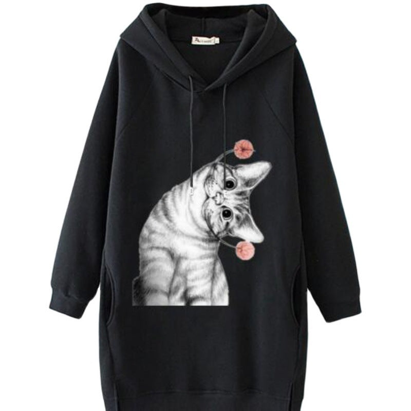 Damen Oversize Kapuzenkleid aus Sweat mit großem Katzenprint und Seitentaschen EB