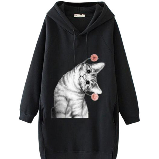Damen Oversize Kapuzenkleid aus Sweat mit großem Katzenprint und Seitentaschen EB