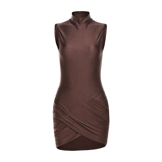 Damen figurbetontes Minikleid mit hochgeschlossenem Kragen und zeitlosem Drapierungsdesign EB