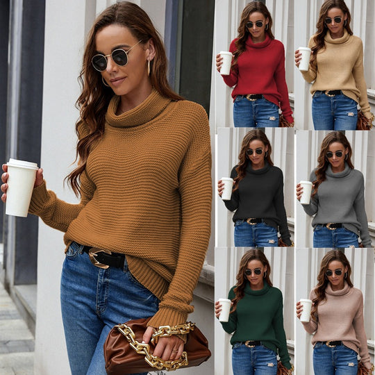 Damen gemütlicher Strickpullover mit hohem Kragen und strukturierter Oberfläche EB