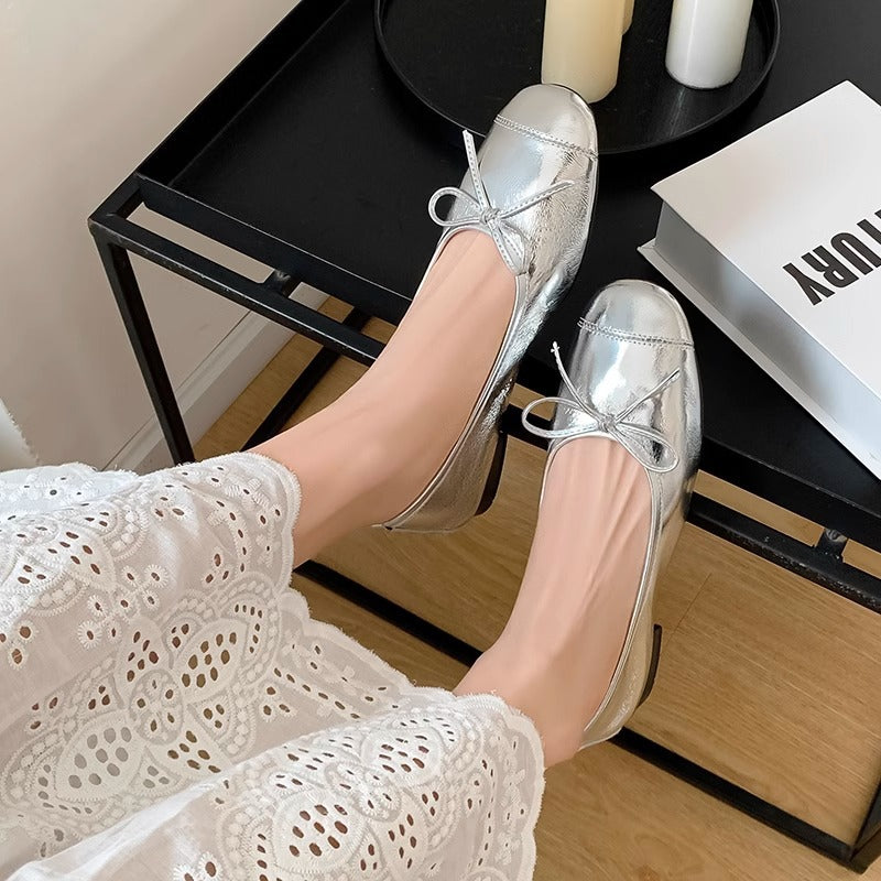 Damen Ballerinas aus hochwertigem metallic Leder mit elegantem Schleifenakzent EB