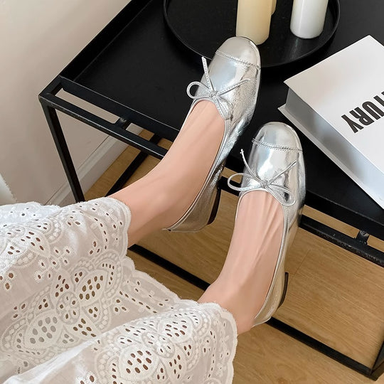 Damen Ballerinas aus hochwertigem metallic Leder mit elegantem Schleifenakzent EB