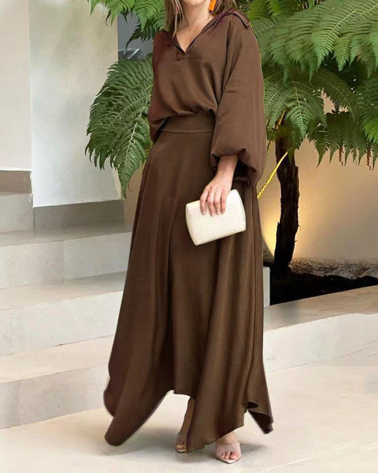 Damen Elegantes Wickelmaxikleid mit weit ausgestellten Ärmeln und V-Ausschnitt EB