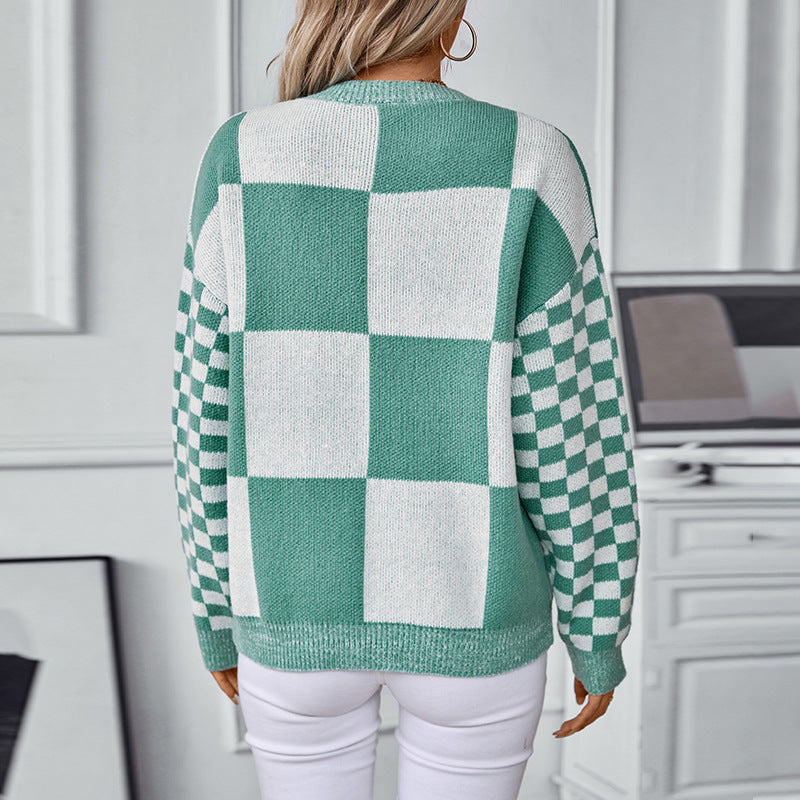 Damen modischer Pullover mit Karomuster und lässigem Schnitt EB