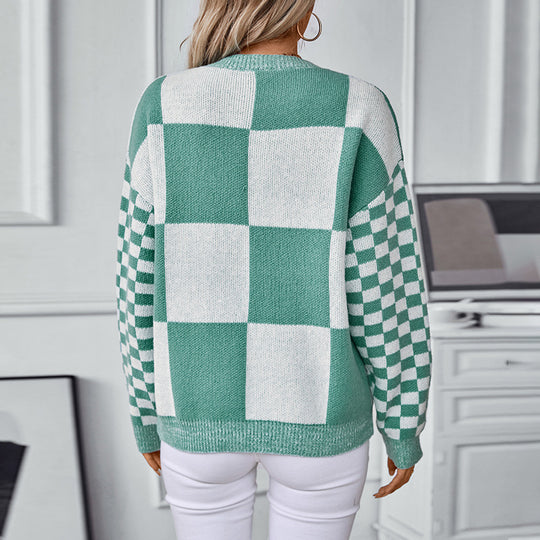 Damen modischer Pullover mit Karomuster und lässigem Schnitt EB
