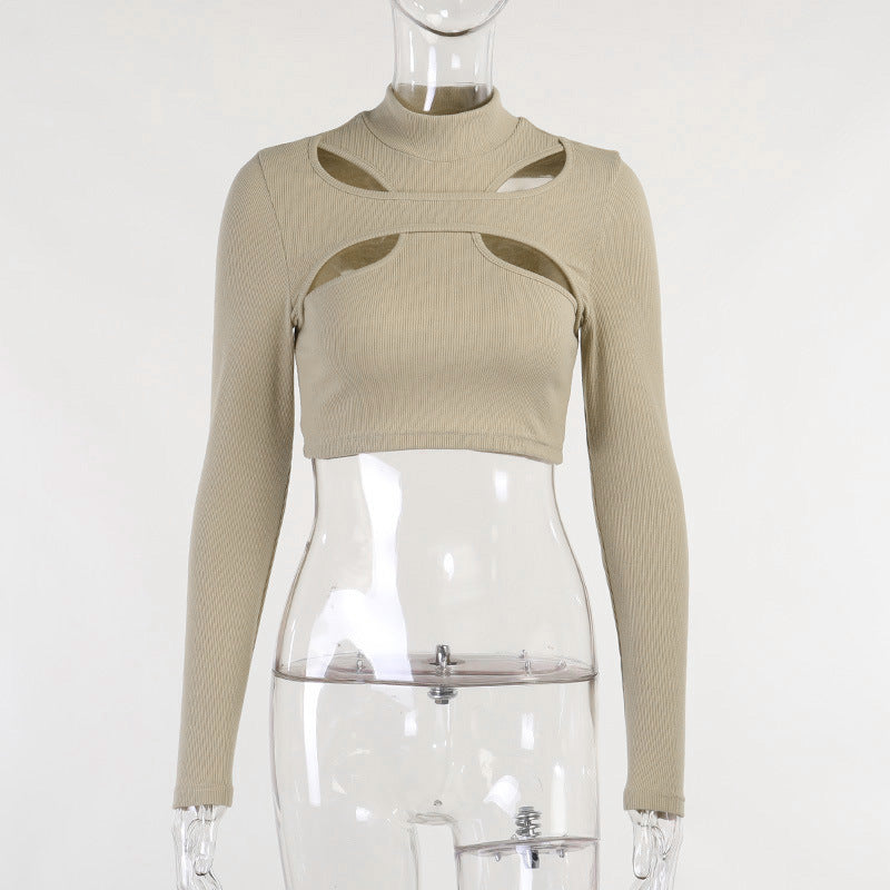 Damen trendiges Oberteil mit Cut-Outs und hohem Kragen EB