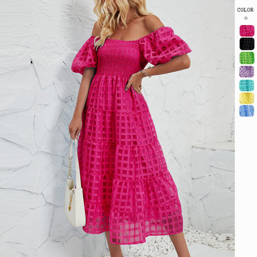 Damen Midi-Kleid mit Puffärmeln und elastischem Taillengürtel EB