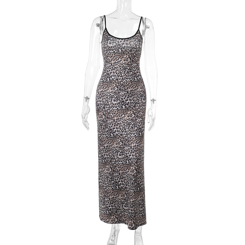 Damen elegantes Maxikleid mit tierischem Muster und schmalen Trägern EB