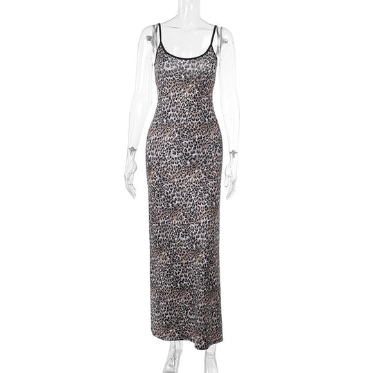 Damen elegantes Maxikleid mit tierischem Muster und schmalen Trägern EB