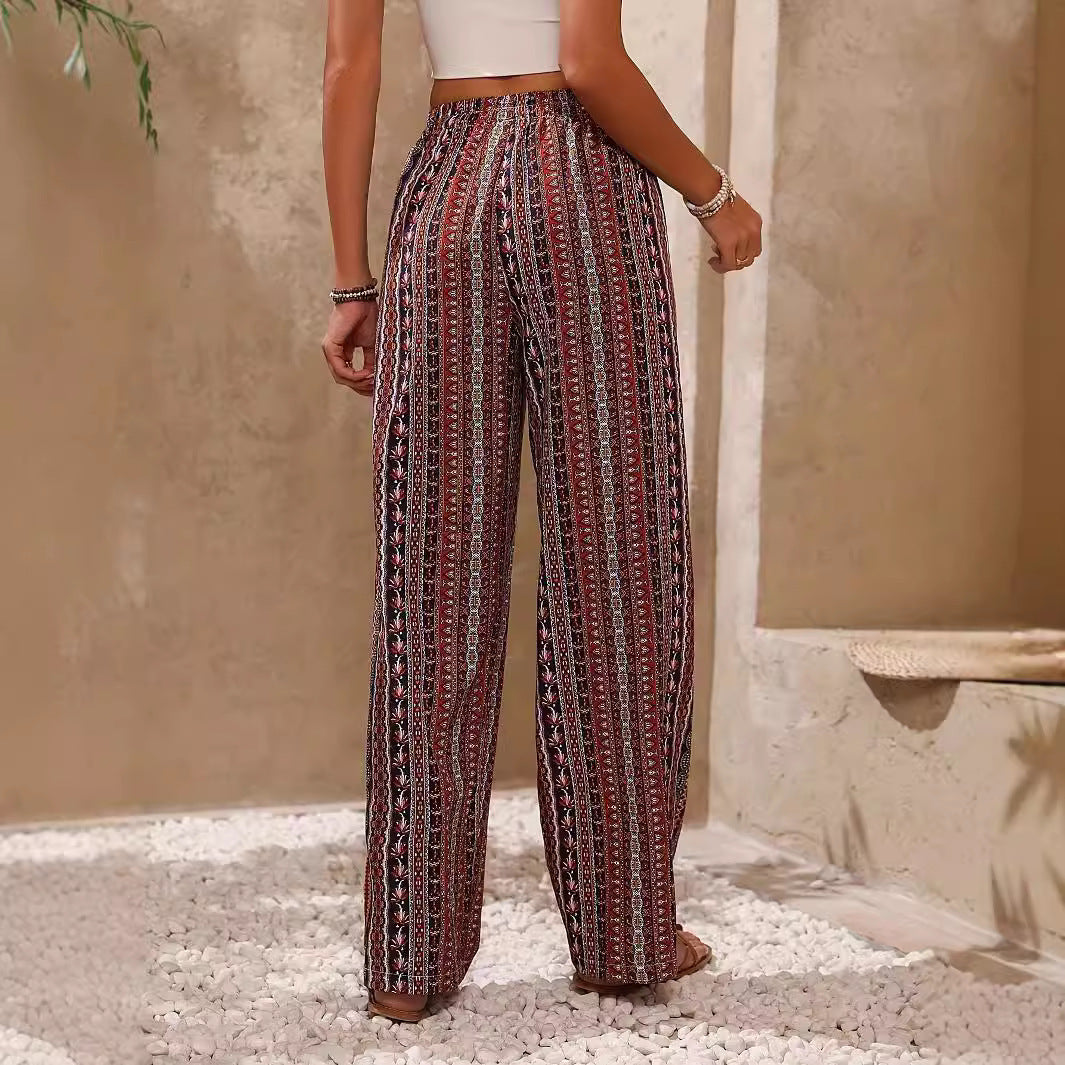Damen weite Palazzo-Hose mit buntem Ethno-Design und elastischem Bund EB