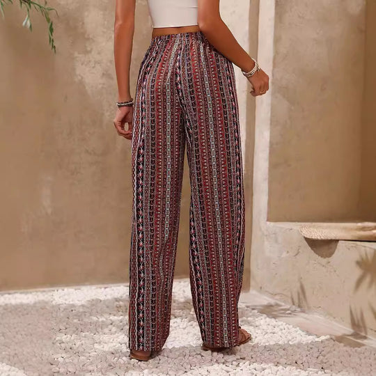 Damen weite Palazzo-Hose mit buntem Ethno-Design und elastischem Bund EB
